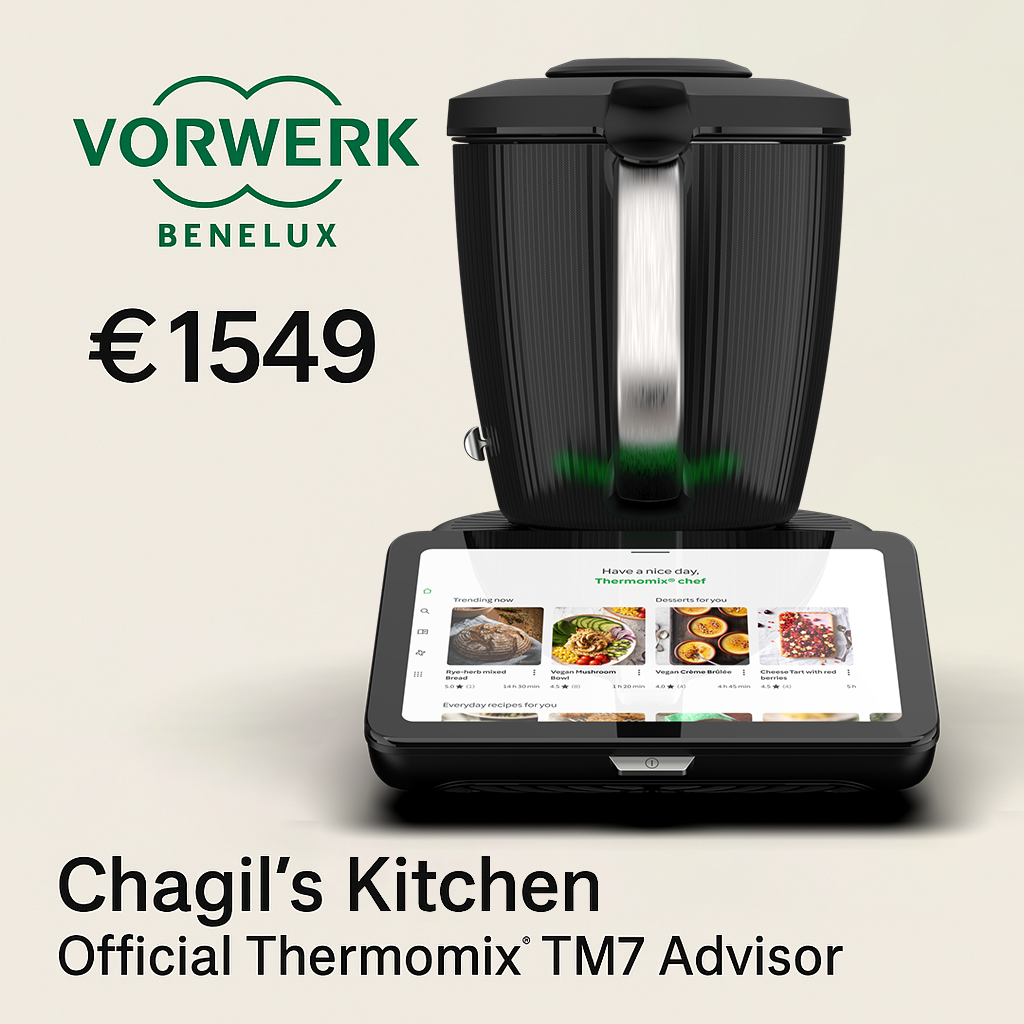 Picture of TM7 with Vorwerk Benelux logo, price shown as 1549, with the text below "Chagil's Kitchen, Official Thermomix TM7 Advisor"